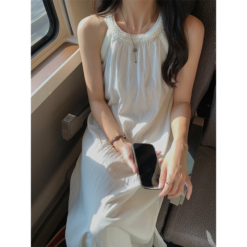 胖mm法式无袖挂脖吊带连衣裙女装夏季高级感小众大码内搭长裙子