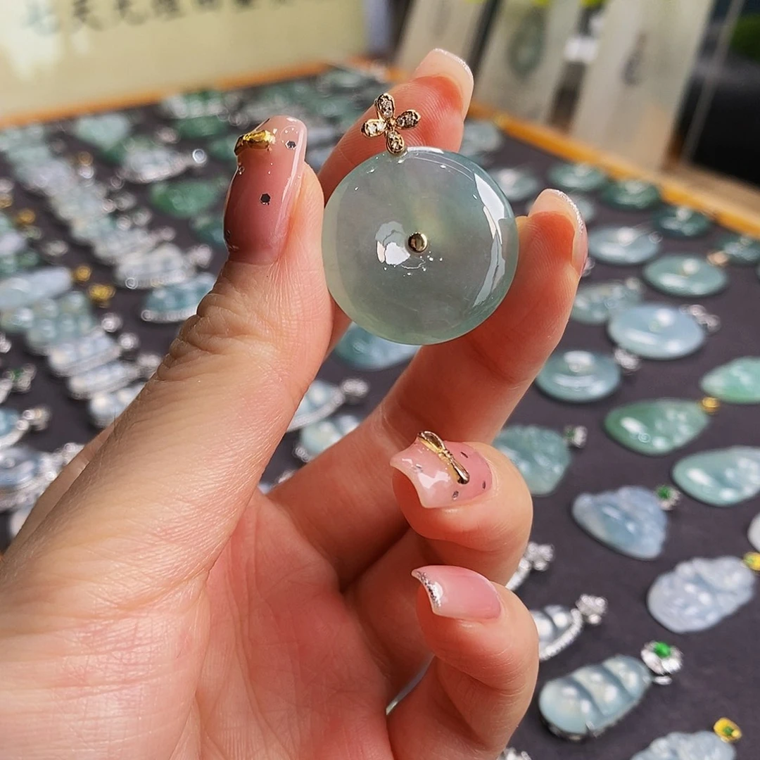 小***.翡翠18K金镶嵌吊坠(赠链)天然缅甸翡翠吊坠平安扣