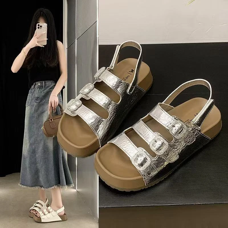 水钻方扣博肯拖鞋女2025夏季新款小个子厚底一字休闲百搭凉鞋