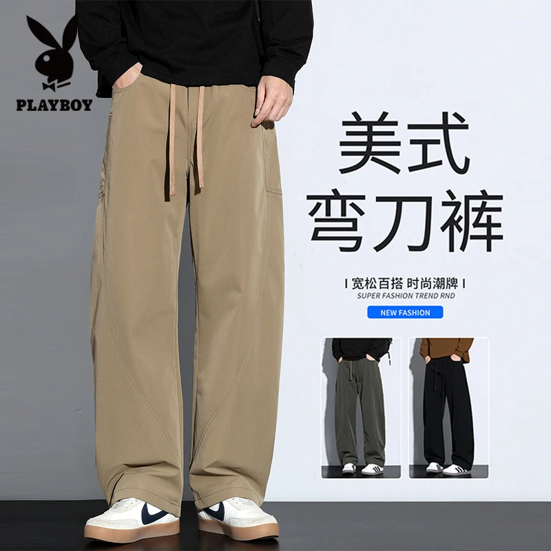 花花公子美式高街弯刀休闲裤男士秋冬新款宽松阔腿裤潮牌工装裤子