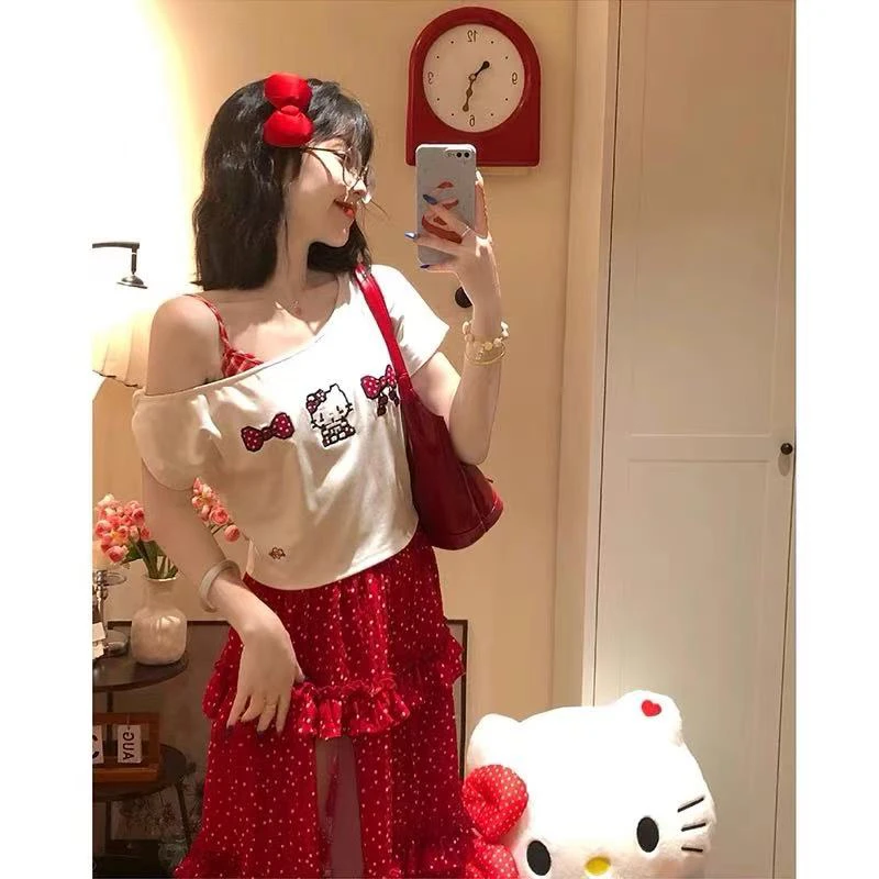 【莹莹推荐】原创像素小猫印花斜肩短袖T恤两件套