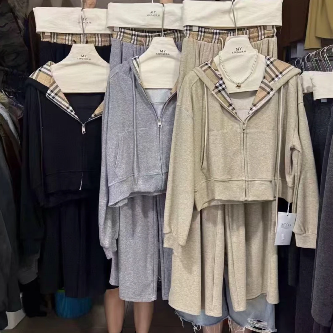 秋冬韩版休闲大气拼格纹长袖连帽卫衣阔腿裤套装