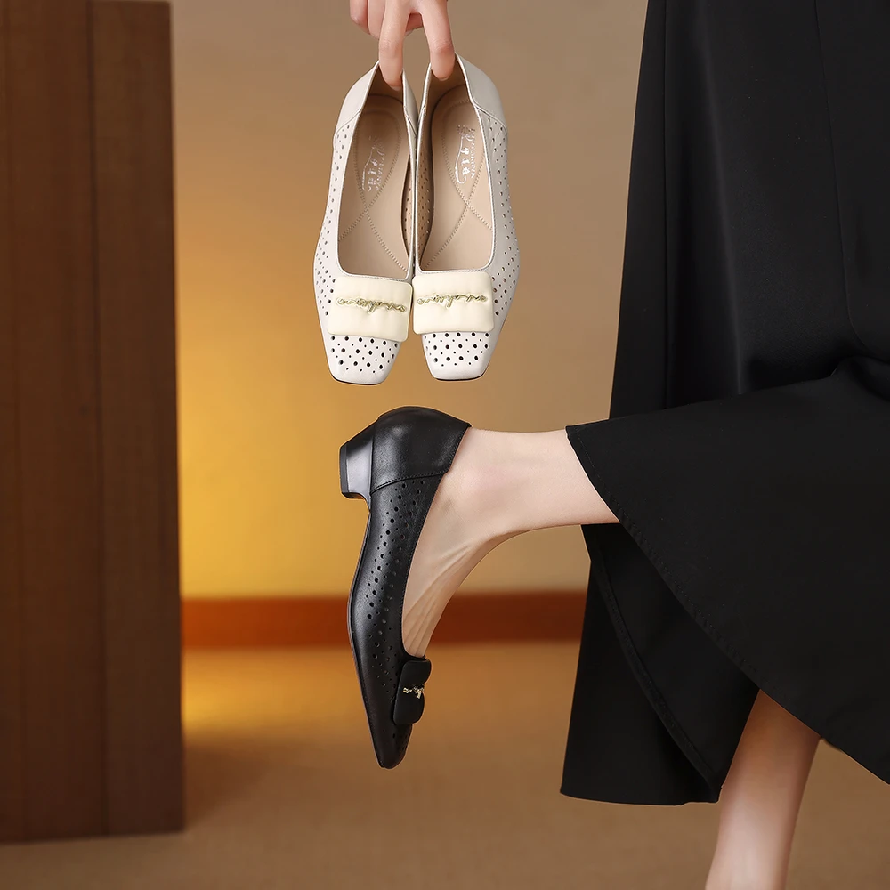 1898-8新款低跟单鞋女镂空洞洞鞋真皮粗跟舒适大码女鞋方头