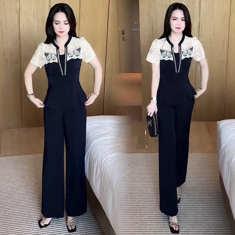 时尚小香风气质套装女2025夏季新款显瘦轻奢蕾丝拼接上衣阔腿裤潮