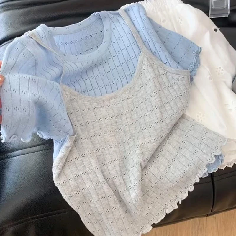 【8643桃】大码女装胖mm撞色假两件冰丝针织衫夏季圆领短袖正肩上衣