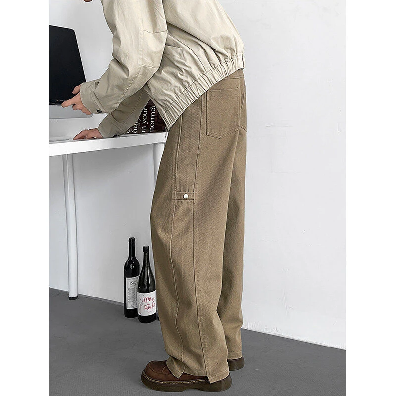 美式纯色简约春季潮流男士新款复古水洗工装宽松百搭休闲牛仔长裤