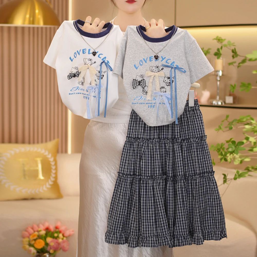 【闺蜜家】女童2025夏季新款时尚卡通蝴蝶结短袖T恤+长裙套装-8246