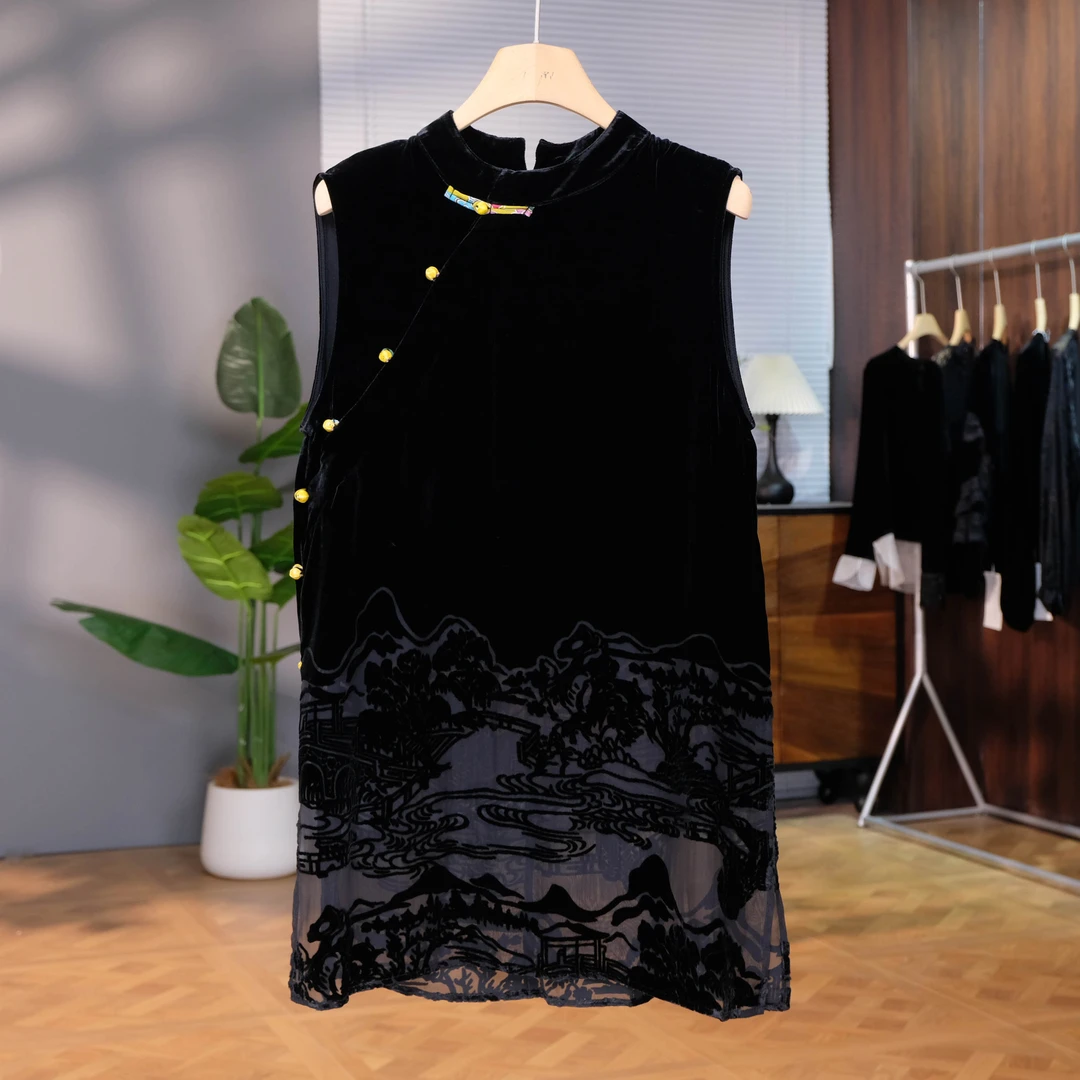 真丝丝绒烧花奥黛旗袍女夏季新款显瘦气质立领斜襟上衣时尚衬衫