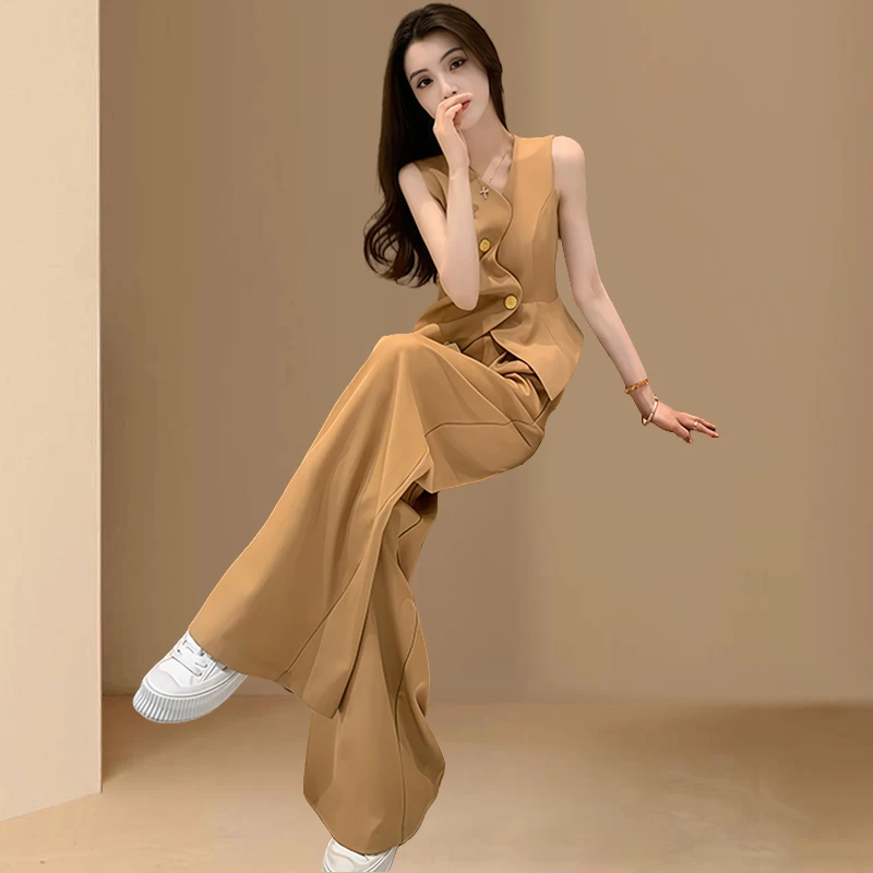 休闲高级感职业套装女2026年夏季新款韩系无袖上衣阔腿裤两件套潮