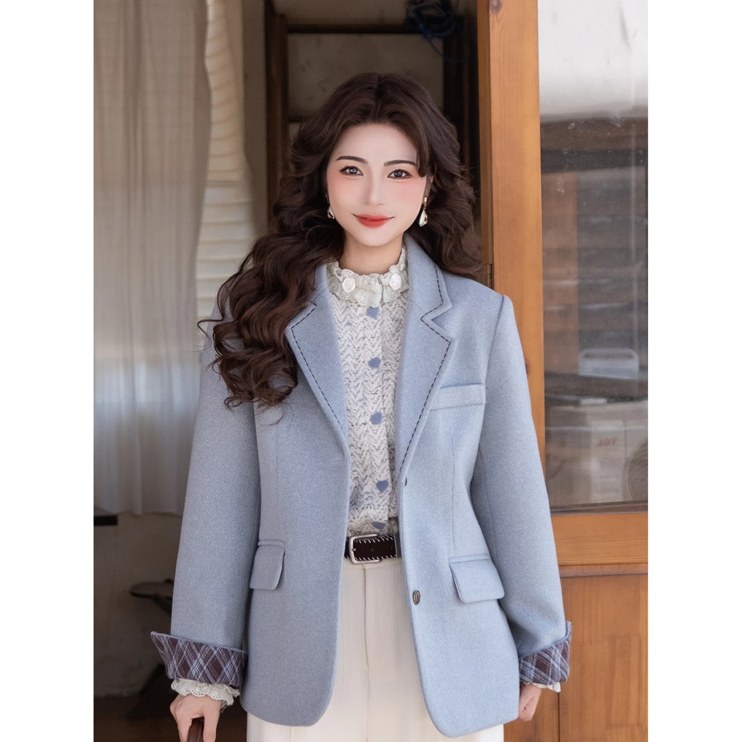 LIJIUJIU【蓝梦巴黎】秋冬季百搭复古港风宽松毛呢西装外套WT251117