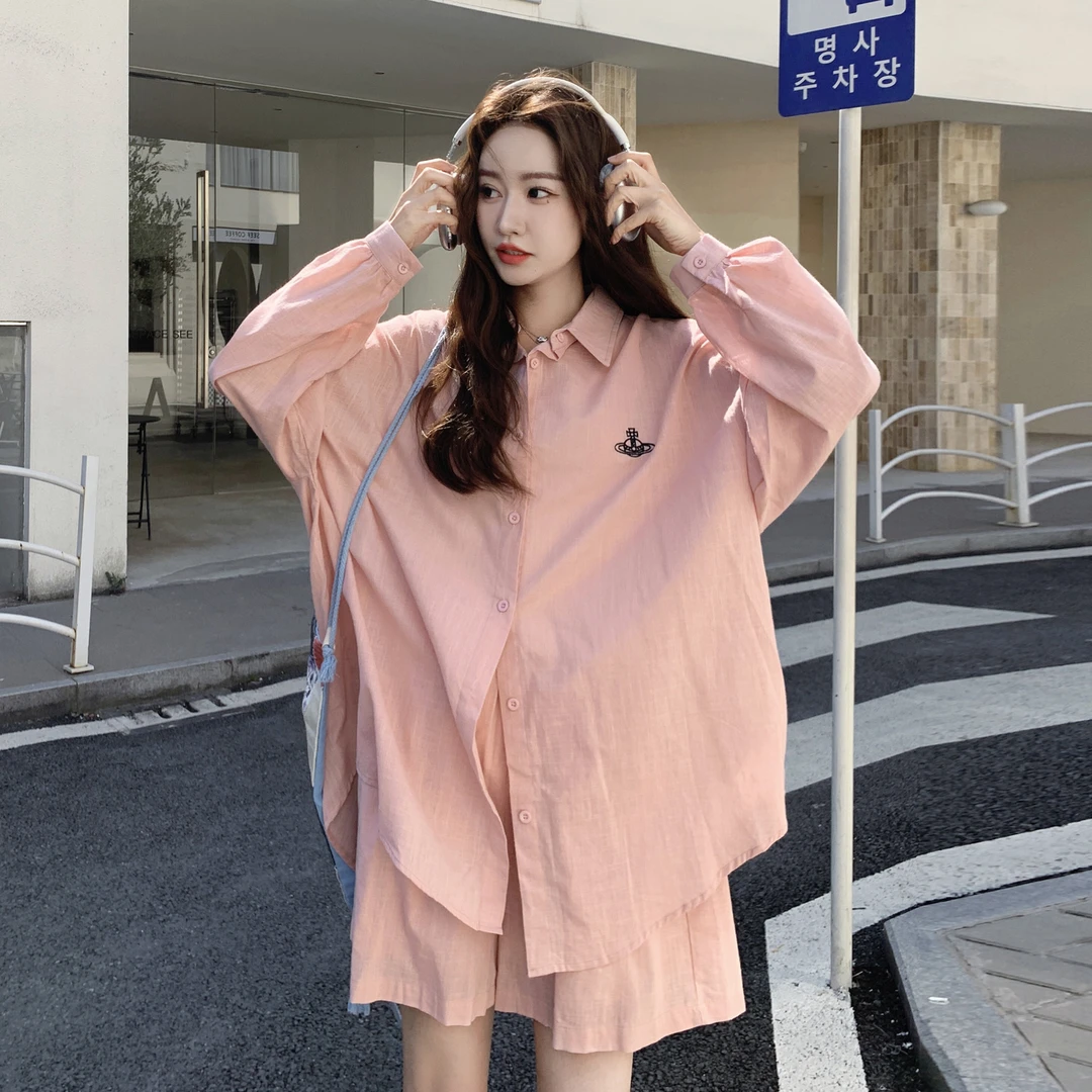 粉色韩版盐系宽松休闲防晒衬衫套装女2025夏季新款阔腿短裤两件套
