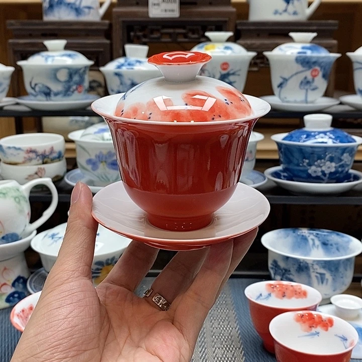 手绘龙船花盖碗160cc釉下彩微瑕福利款