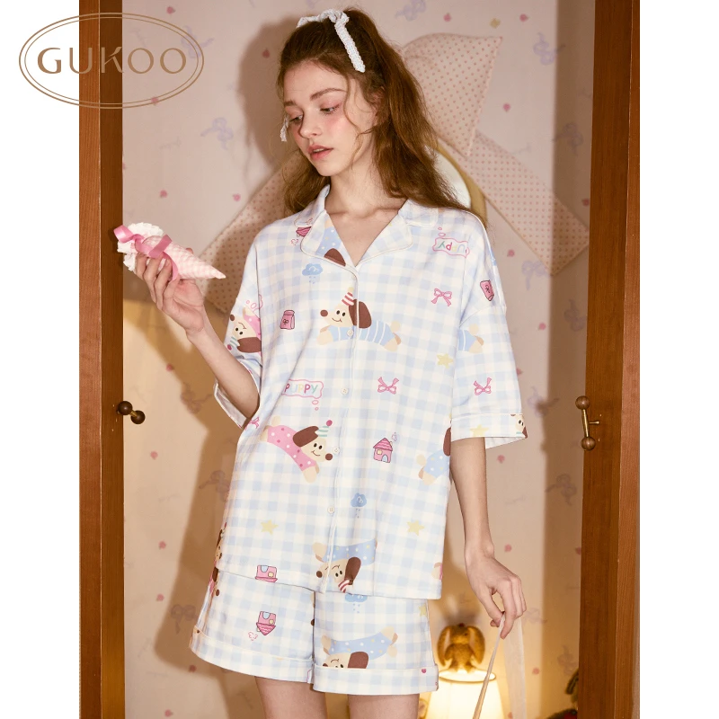 Gukoo/果壳夏季女全棉轰轰小狗蓝色格纹翻领甜美卡通家居服套装