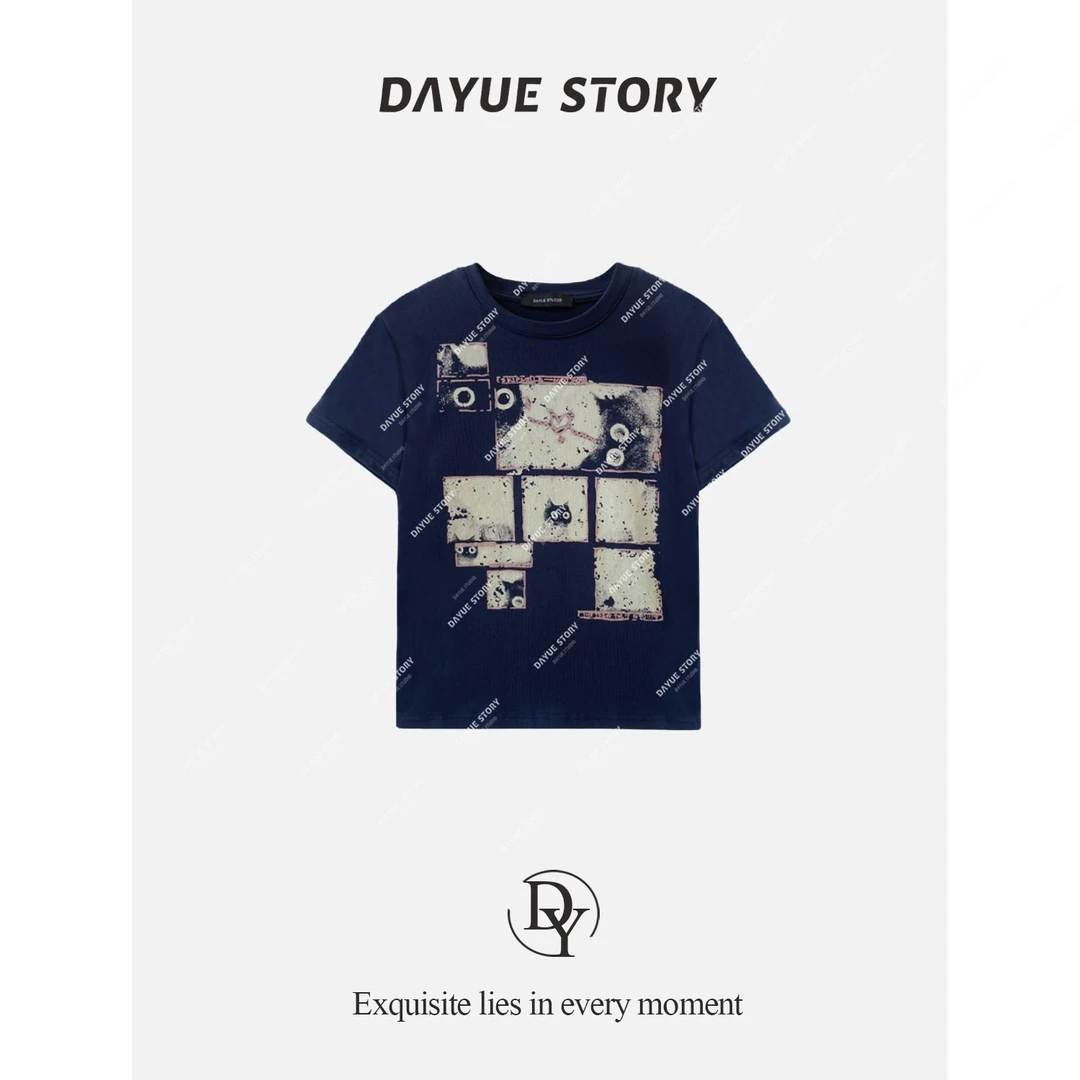 DAYUE【抽象猫咪T】髙级洋气版型比照片好~设计师印花正肩圆领T恤