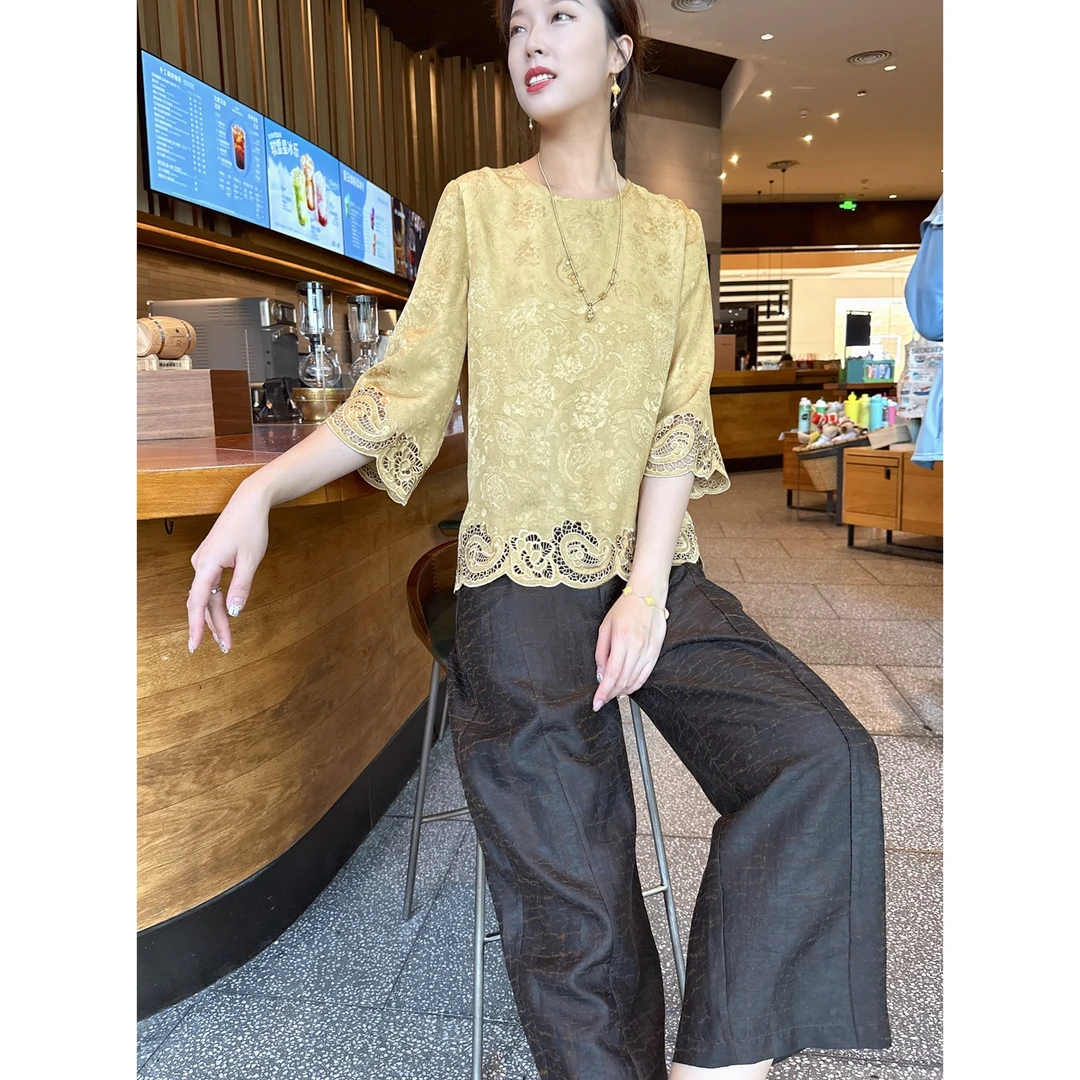 【深圳罗依】原创真丝衬衫女桑蚕丝镂空刺绣腰果花新中式中袖上衣