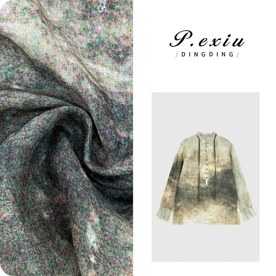 【香缇奶油】100%苎麻宫廷风水墨花边袖衬衫W-63030