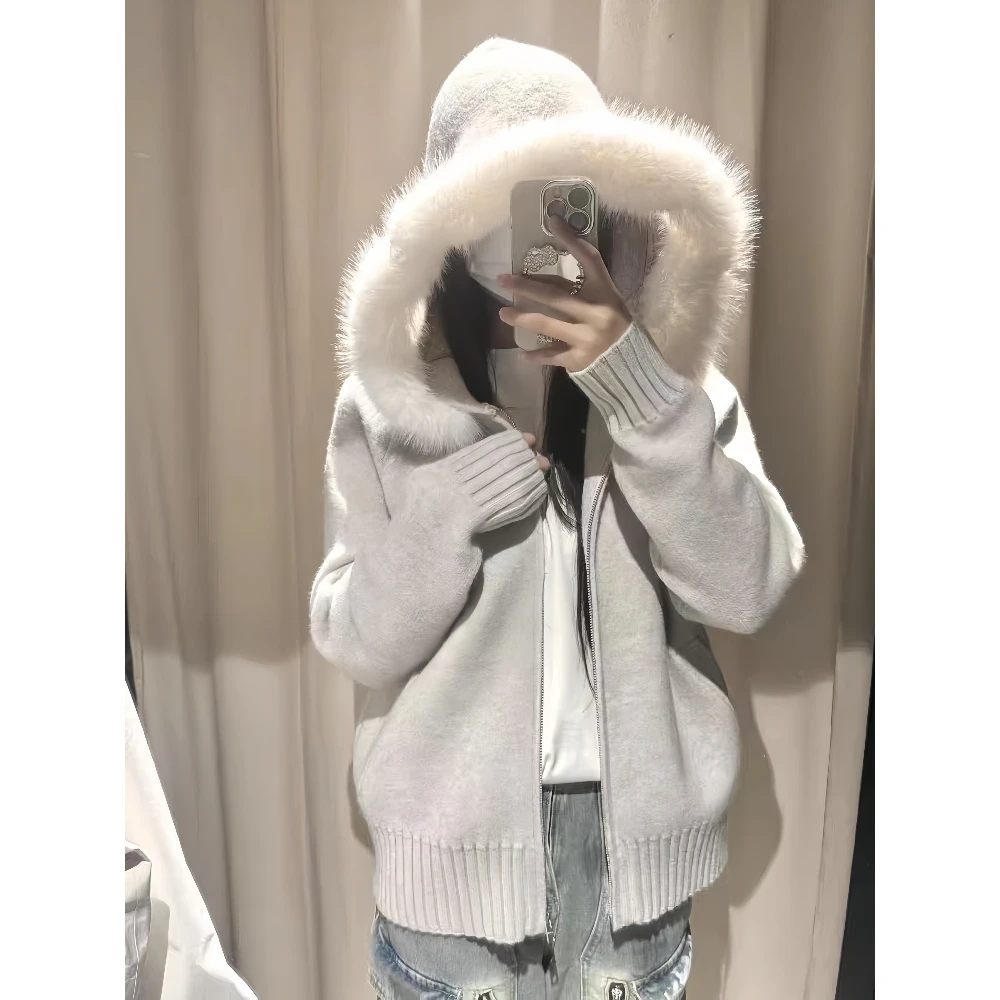 韩系慵懒随性灰色连帽毛领针织外套女冬季新款宽松加厚长袖毛衣潮