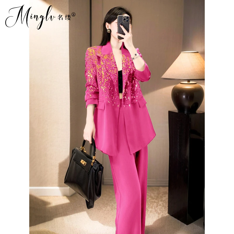 2025年秋季甜酷炸街高级感重工烫金玫红色西装阔腿西裤两件套装女
