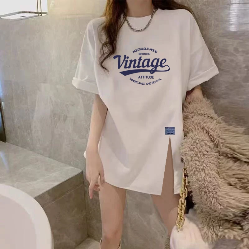 2025新款纯棉开叉设计感小众短袖t恤女宽松大码中长款洋气上衣ins