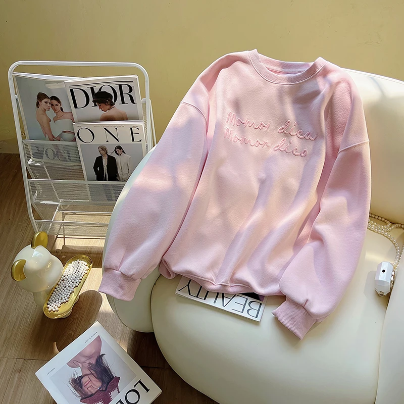 樱花粉减龄字母刺绣休闲小众套头卫衣女洋气秋冬oversize显瘦外套