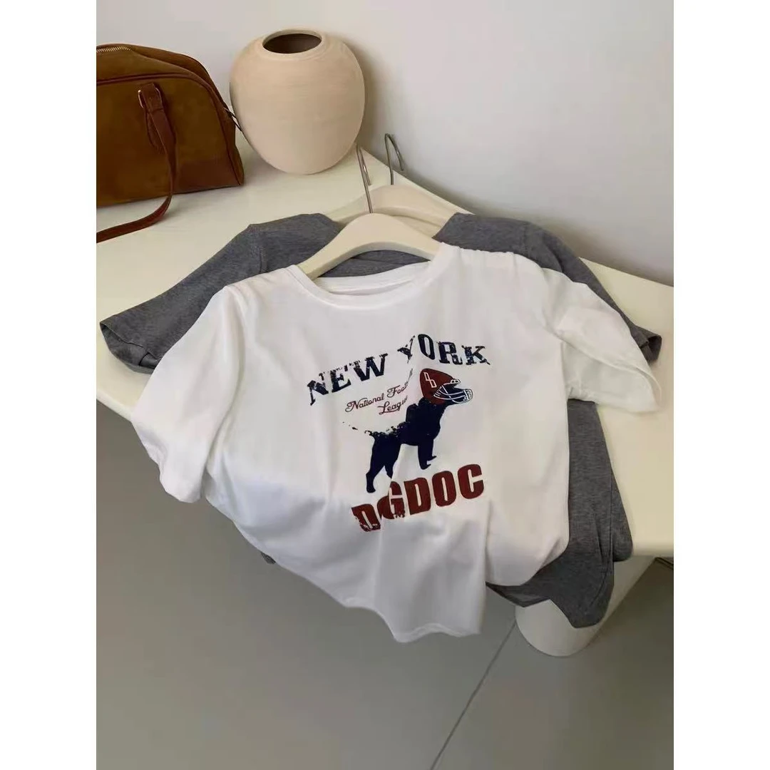 小静折扣~A1135A【字母小狗T】美式字母狗狗棉混纺短袖T恤