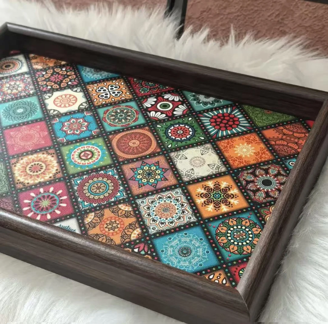 波西米亚地中海欧式复古茶盘木质托盘收纳装饰盒咖啡相框托盘