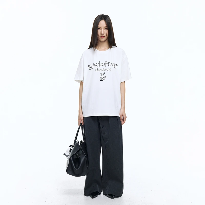 BLACK OF EXIT街头复古小狗印花宽松短袖T恤潮牌简约情侣半袖上衣
