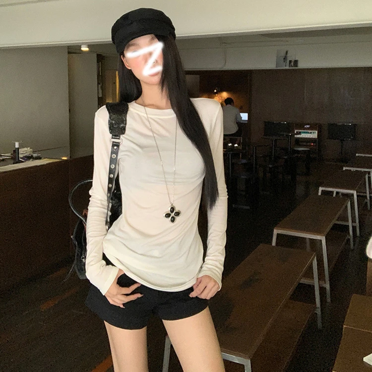 时尚休闲百搭纯色长袖T恤早秋新款常规圆领花灰色修身打底上衣