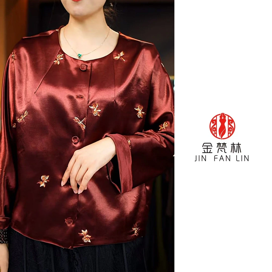 【故梨笺序】新中式国风醋酸缎纽扣上衣蜻蜓中年时尚洋气