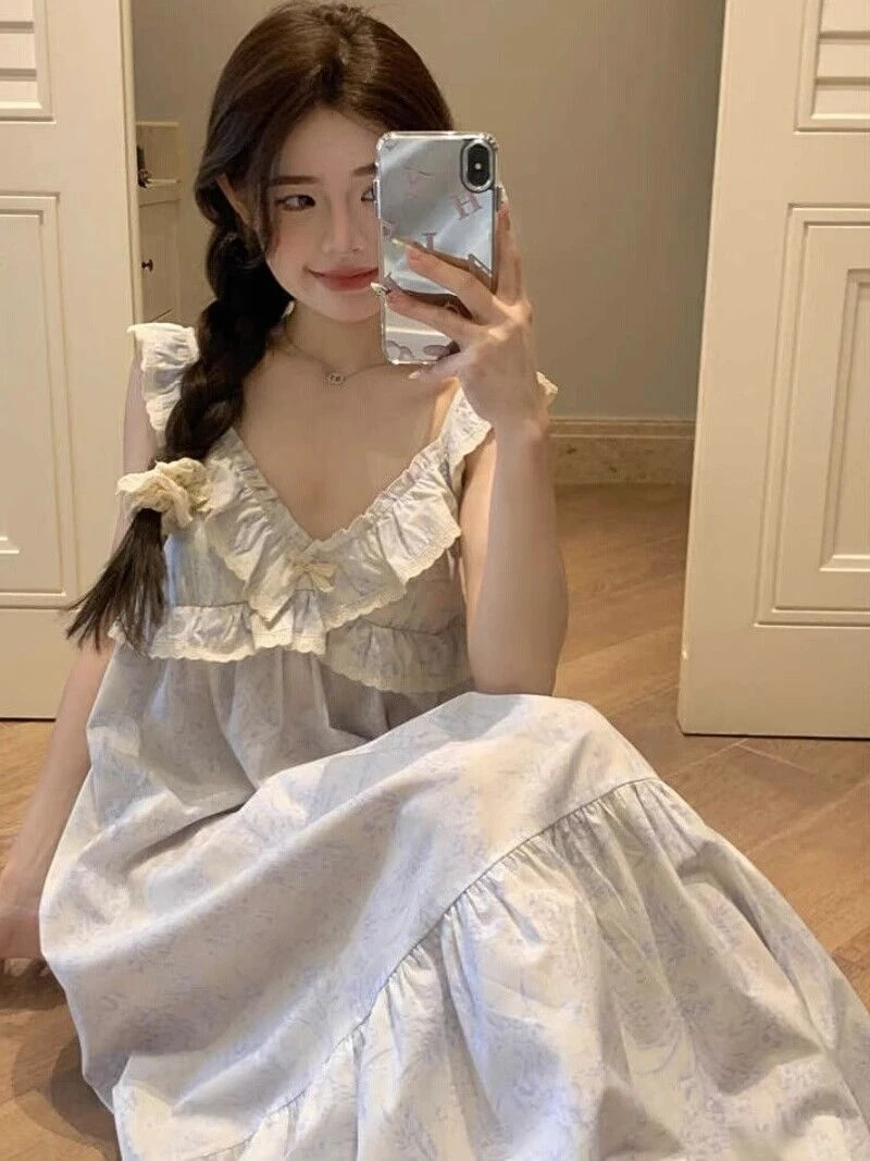 田园风甜美碎花吊带v领蕾丝边睡衣女夏季新款家居服睡裙休闲纯欲