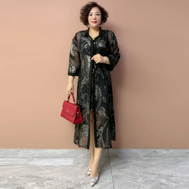 2485真丝长款开衫外披春夏新款七分袖翻领提花时尚妈妈风衣女薄款