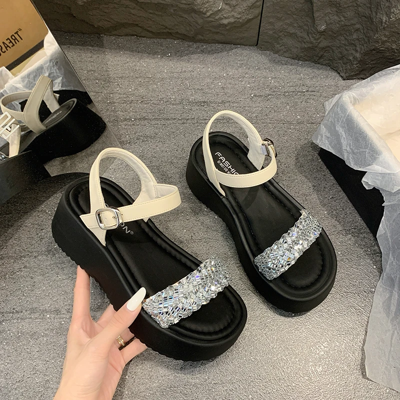 凉鞋女款2025新款夏季外穿水钻绝美配裙子坡跟松糕厚底女鞋