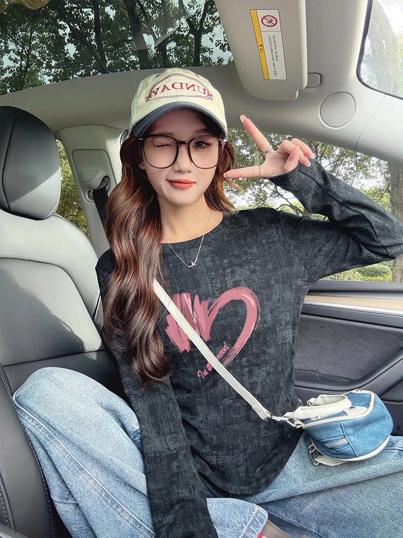 不规则褶皱扎染长袖打底衫t恤女早秋季新款韩版百搭显瘦学生上衣