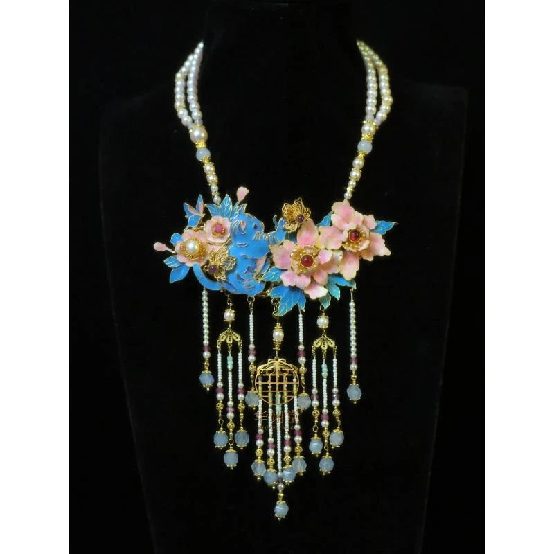 铜合金婚庆饰品 华翊堂原创仿点翠小猫咪牡丹发夹璎珞两用款发冠