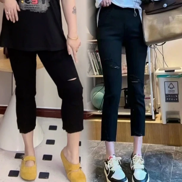 万能弹力小黑裤夏季薄款大码胖mm高腰破洞裤九分八分裤纸皮牛仔裤