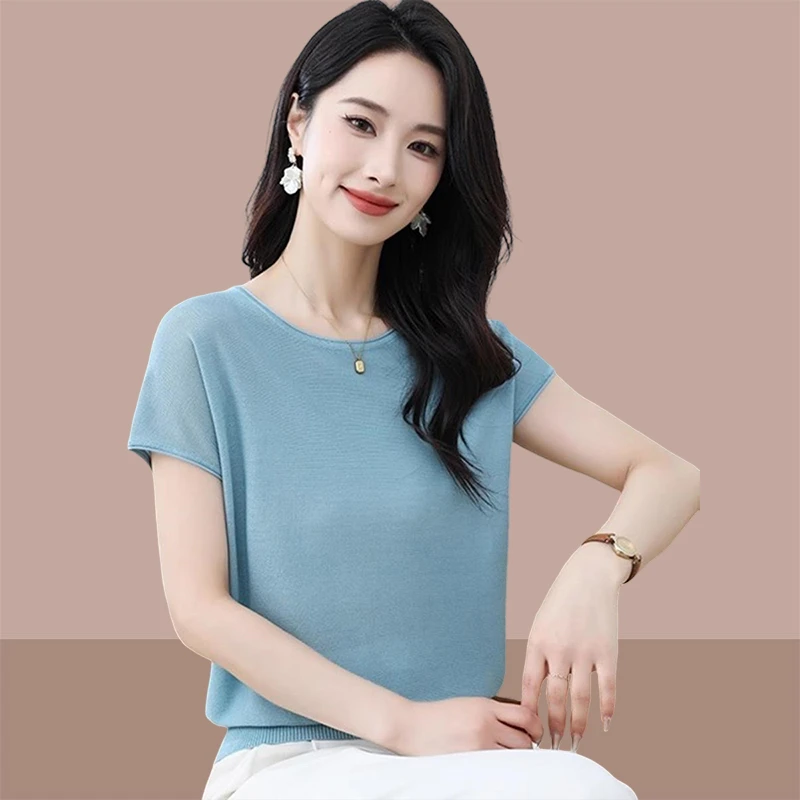 夏季冰丝针织上衣女2025新款爆款宽松休闲气质百搭圆领短袖t恤衫