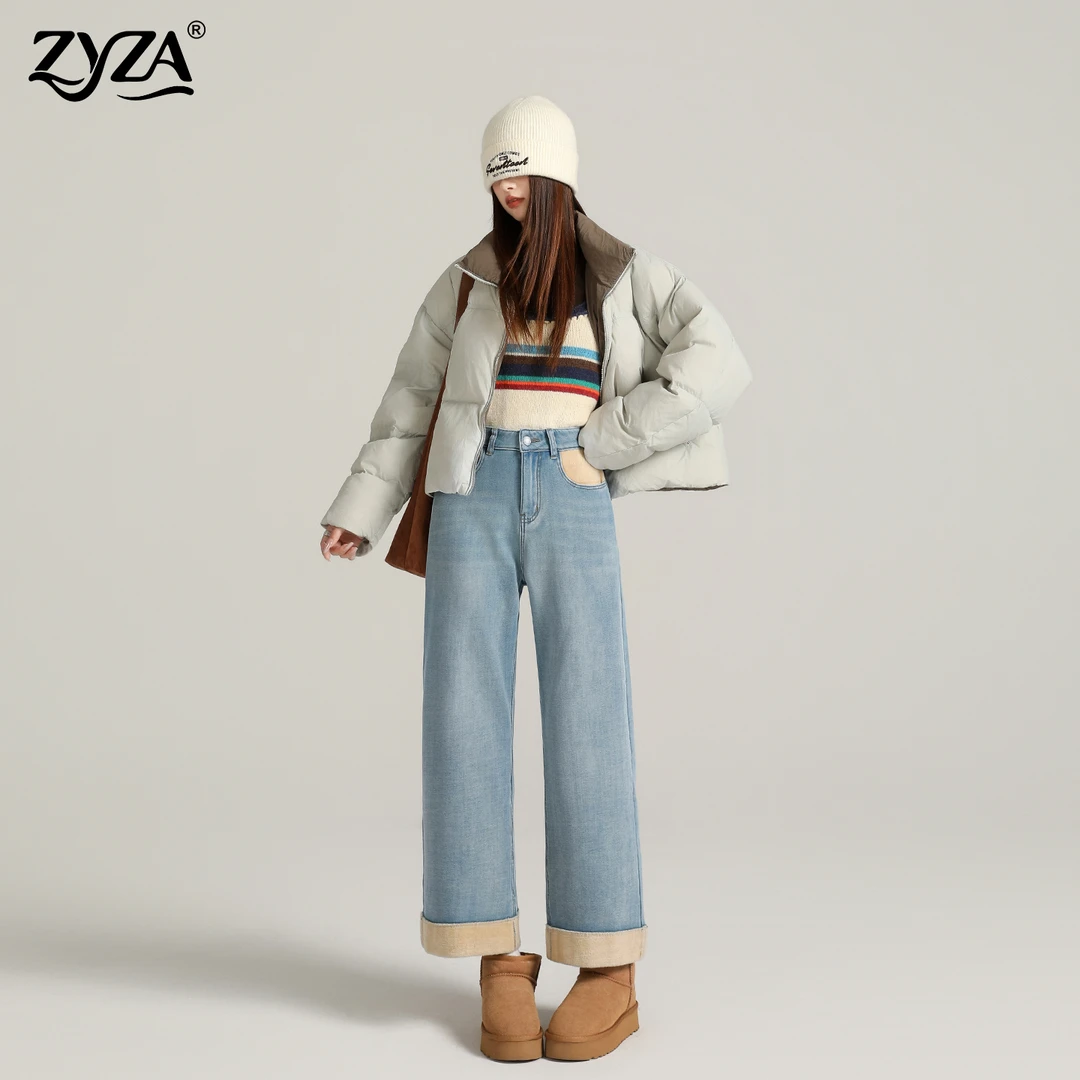 复古加绒加厚窄版直筒牛仔裤女秋冬新款小个子宽松显瘦保暖九分裤