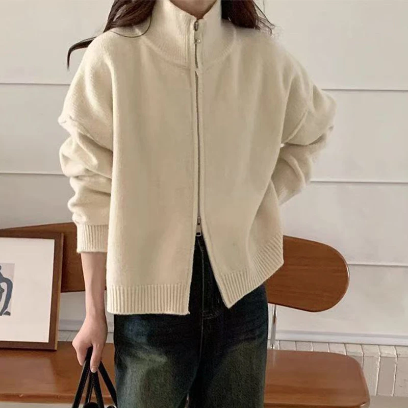 秋冬新款外翻领双拉链精仿羊毛慵懒韩版长袖针织开衫女外套毛衣