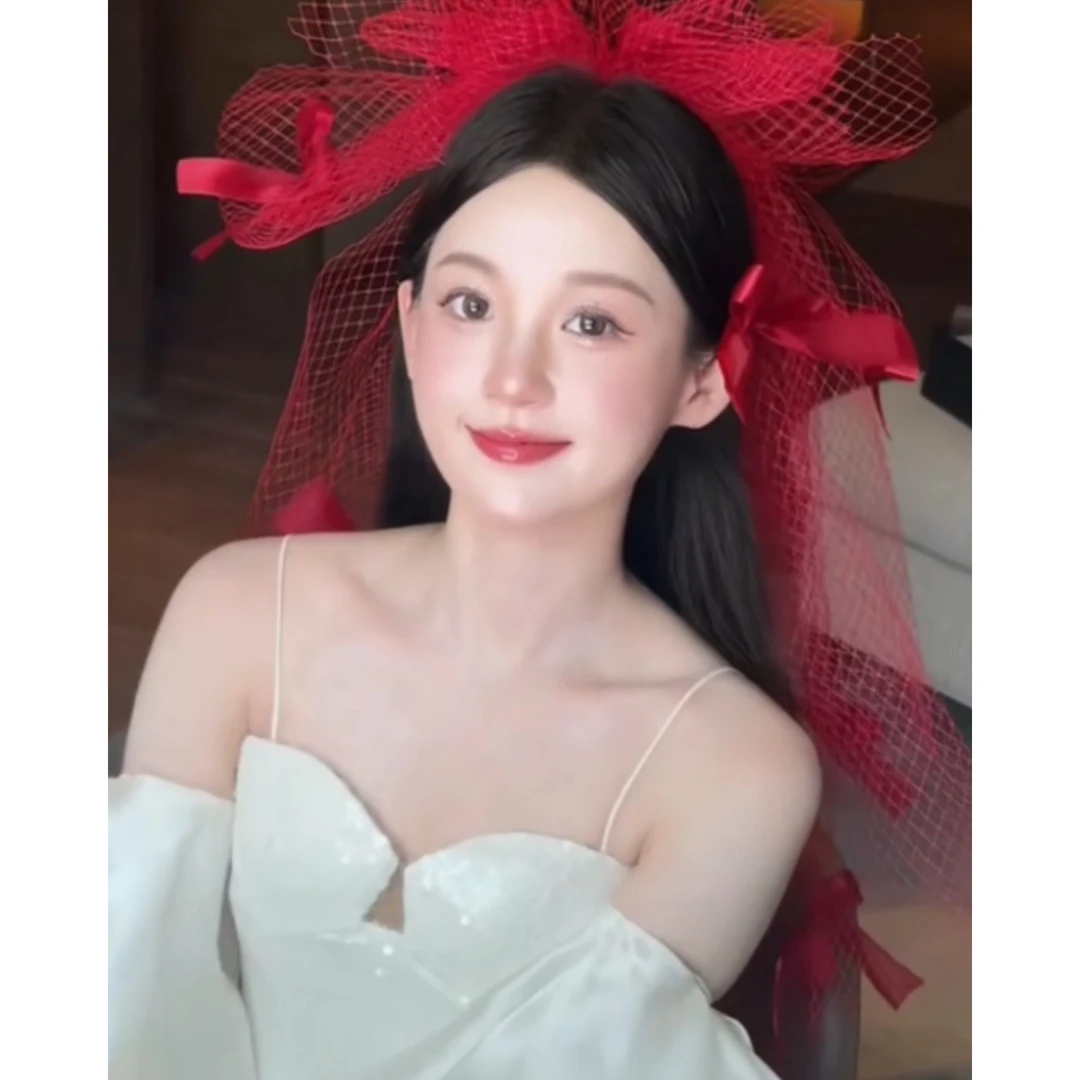 南一｜小众红色蝴蝶结 短款晨袍头纱