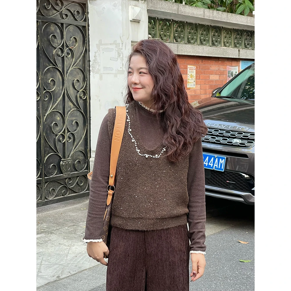 WenWen小个子2025秋冬新款百搭V领珍珠时尚针织套头马甲背心4657