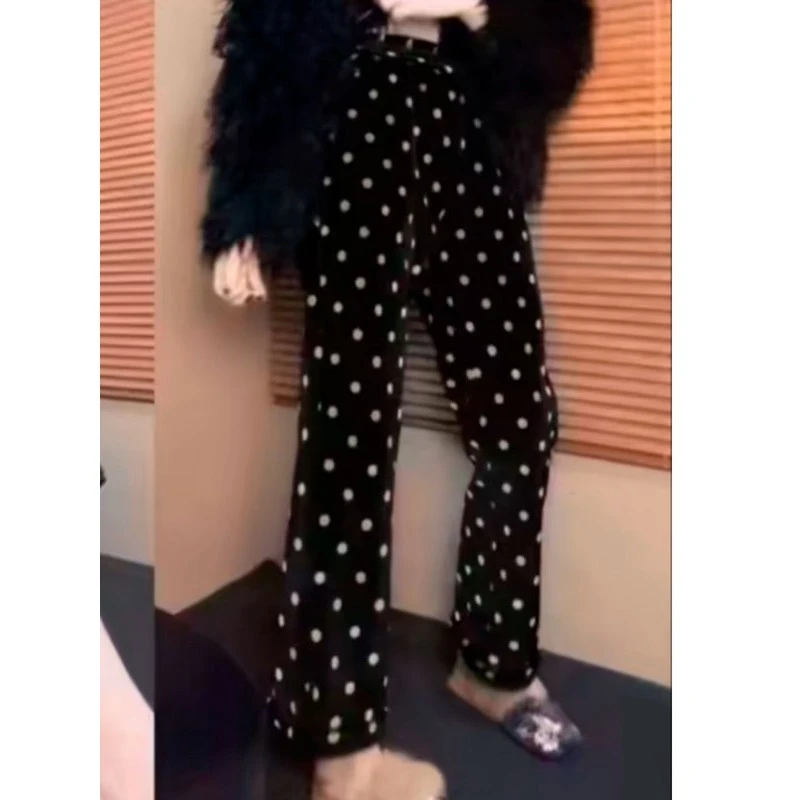2025韩国加绒版金丝绒波点高腰直筒裤百搭时尚显瘦长裤子冬季新款