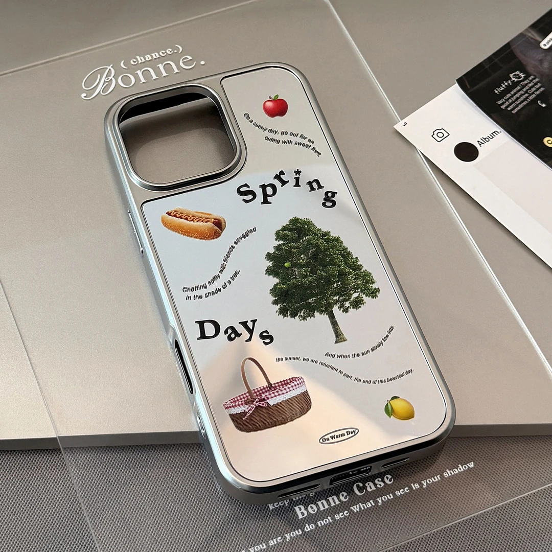春季野餐镜面适用苹果15promax手机壳iphone16电镀13硬14韩系小众