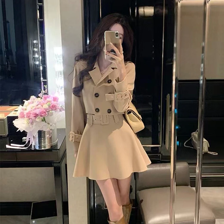 【艾薇】大码小香风短风衣套装女秋季气质高级感外套+半身裙两件套