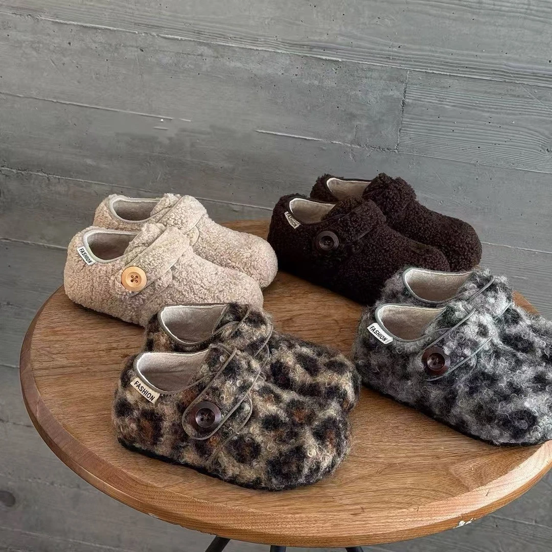 韩版儿童勃肯鞋加绒棉鞋毛毛鞋冬季男童豹纹豆豆鞋女童二棉鞋软88