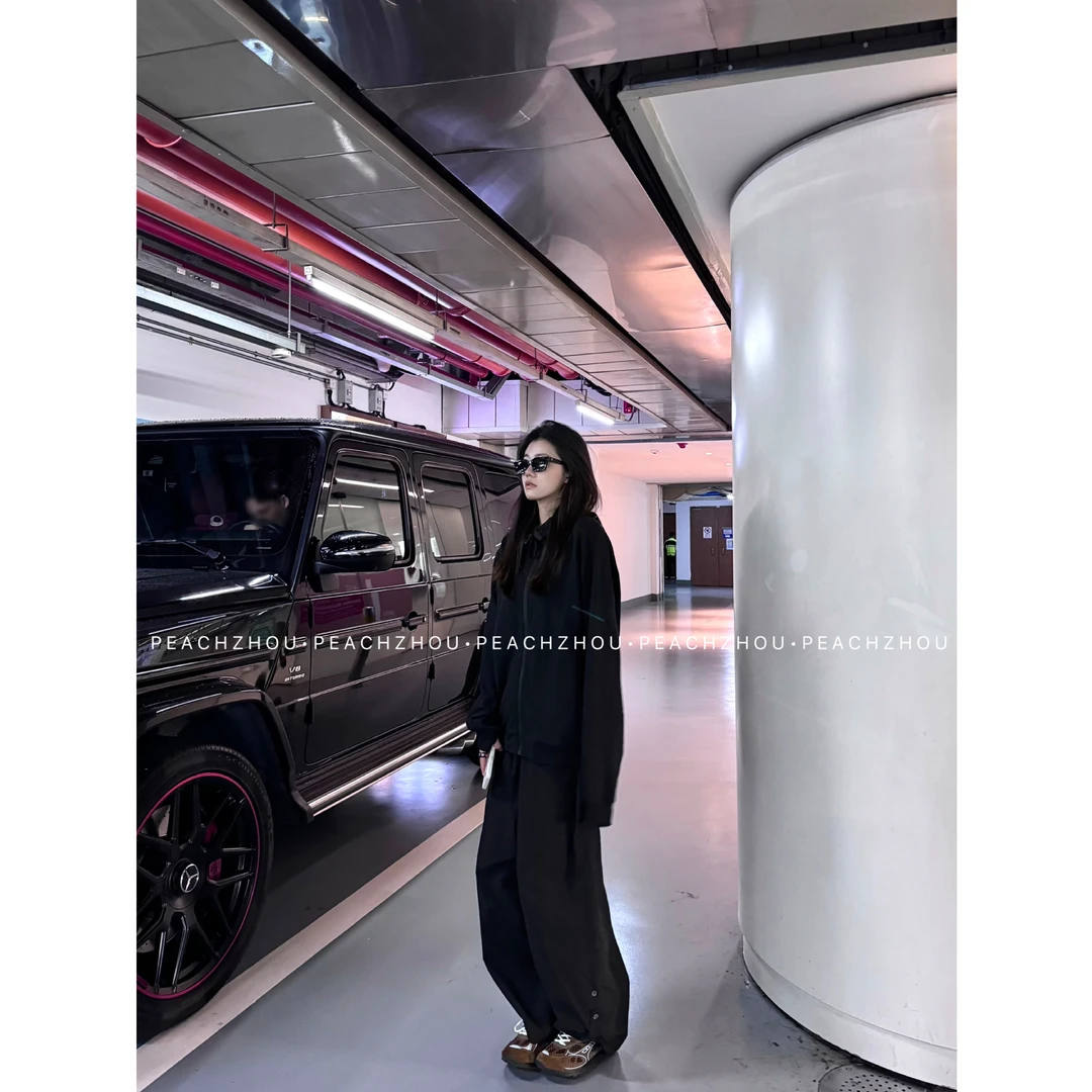 『PEACHZHOU』侧缝调节扣抽褶木耳边宽松直筒休闲裤松紧腰阔腿长裤