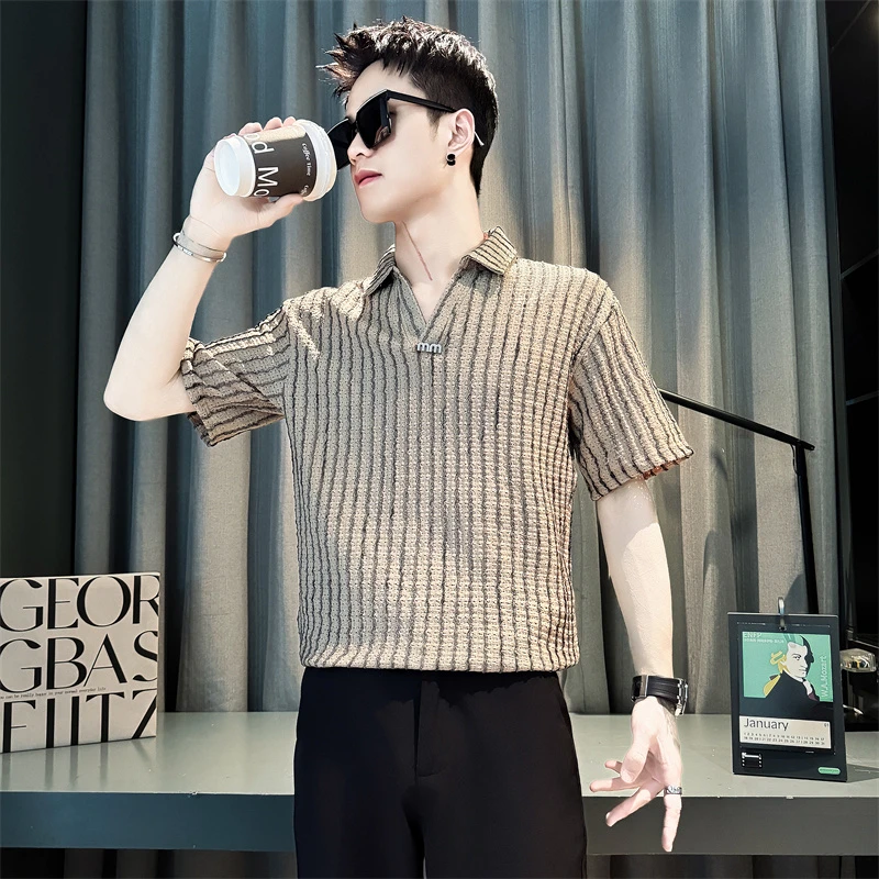 条纹镂空短袖衬衫男士夏季2025新款网红洋气炸街男装衣服V领衬衣