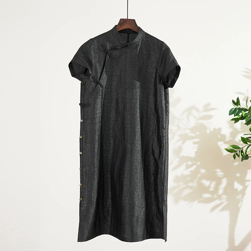 【知性优雅】新中式盘扣香云纱龟裂纹女士连衣裙（241919）