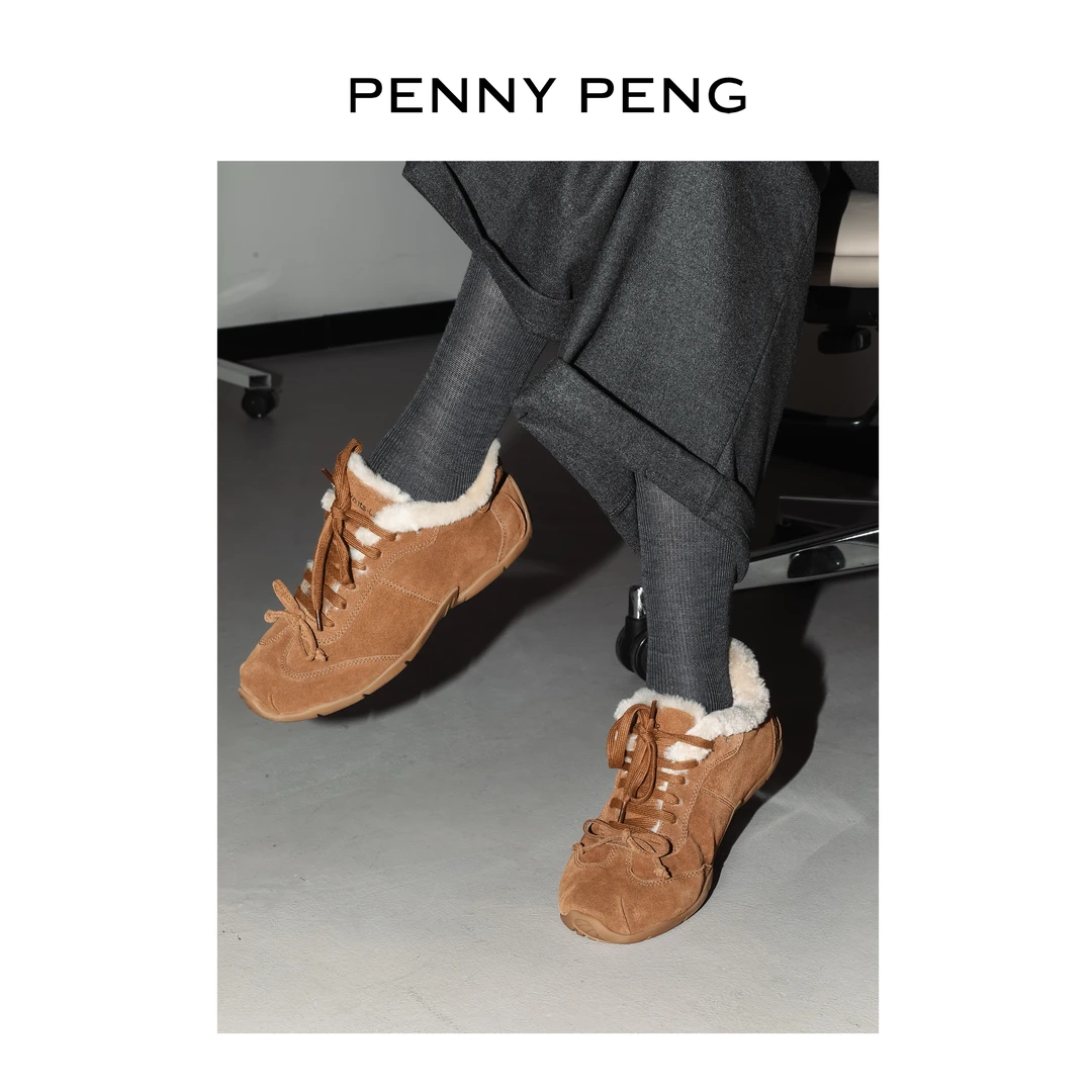 PENNYPENG毛毛德训鞋 秋冬新款复古加绒保暖蝴蝶结系带棕色勃肯鞋