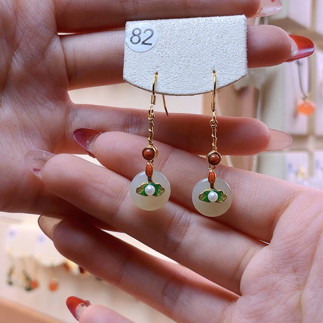 和田玉耳饰银S925镀金镶嵌