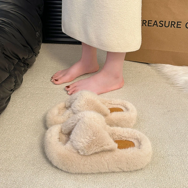 厚底增高一字毛毛拖鞋女外穿加绒防滑百搭2025秋冬季新款棉拖鞋子